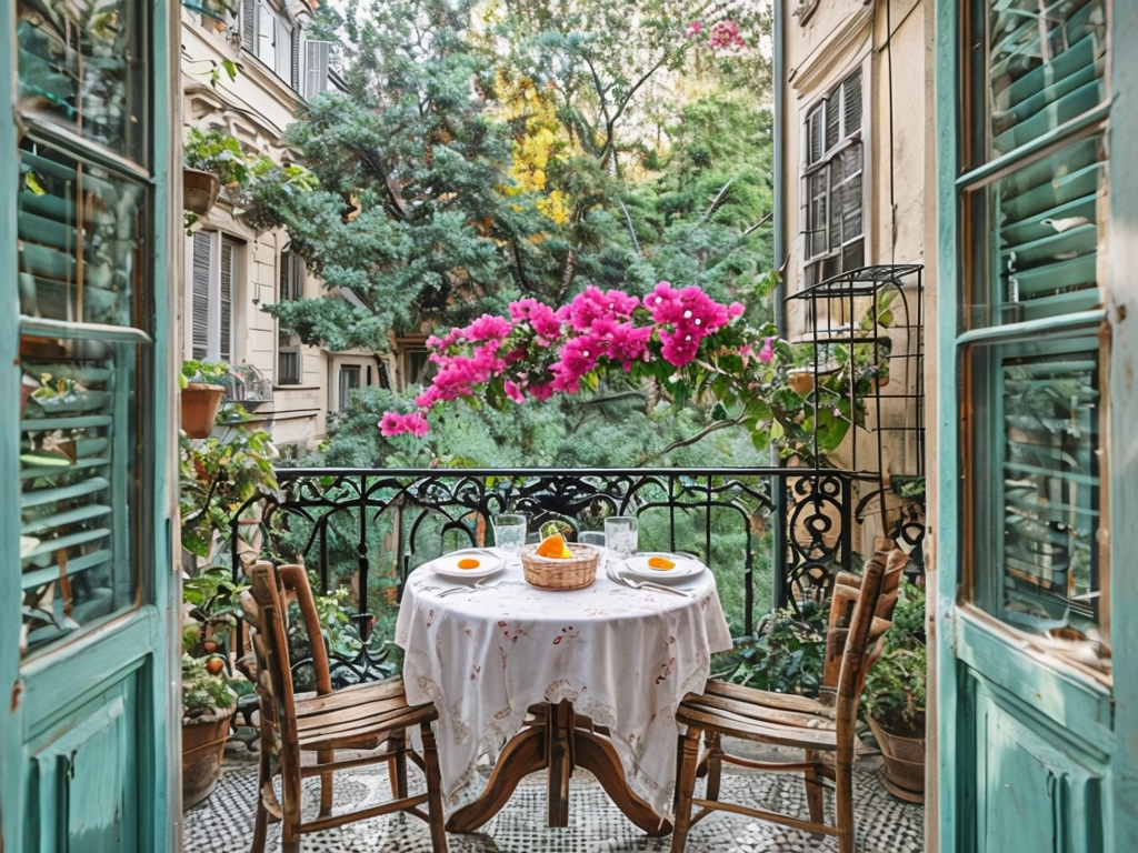 Charming Balcony Scene Framed By Open Double Doors