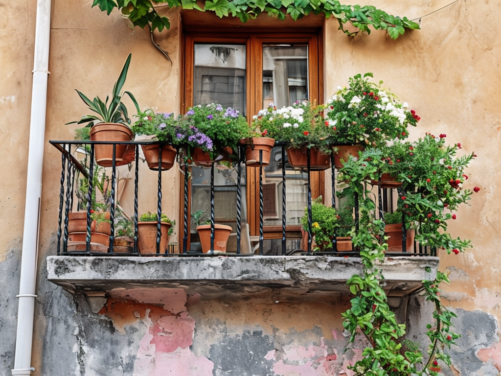 Charming Balcony With Vibrant Plants Against Aged Wall