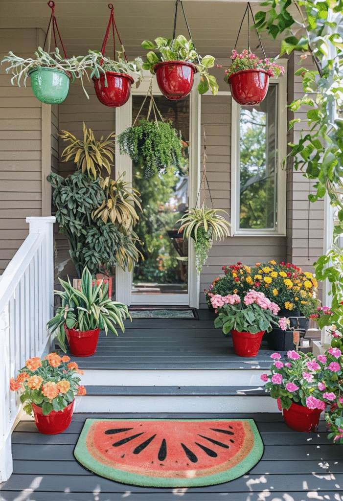 Cheerful Front Porch Decorated With Colorful Plants And Flowers