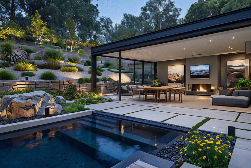 Contemporary Outdoor Space with Swimming Pool and Dining Area