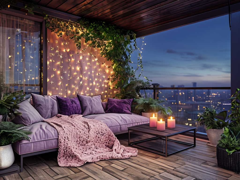 Cozy Balcony Retreat With Soft Lighting And Greenery