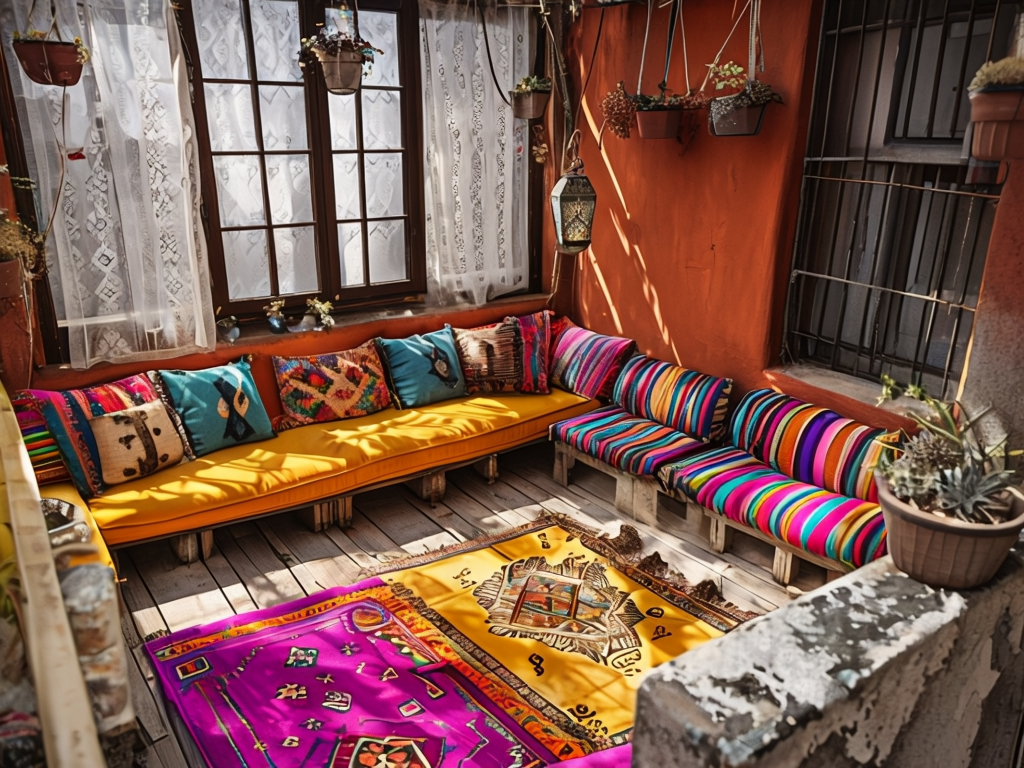 Cozy Bohemian Balcony With Colorful Cushions And Rugs