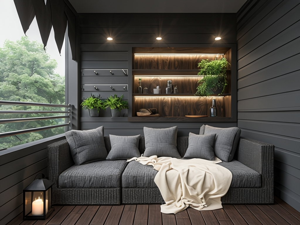 Cozy Modern Balcony With L-Shaped Wicker Sofa And Plants