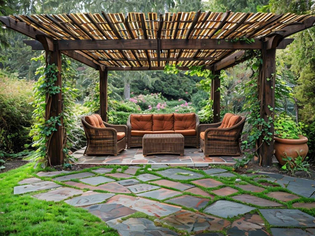 Cozy Outdoor Pergola Seating Area Surrounded By Lush Greenery