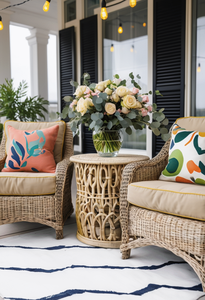 Cozy Outdoor Porch With Wicker Chairs And Greenery (1)