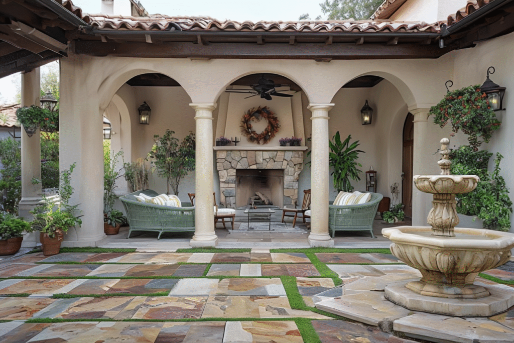 Elegant Outdoor Mediterranean Courtyard With Fountain And Seating Area