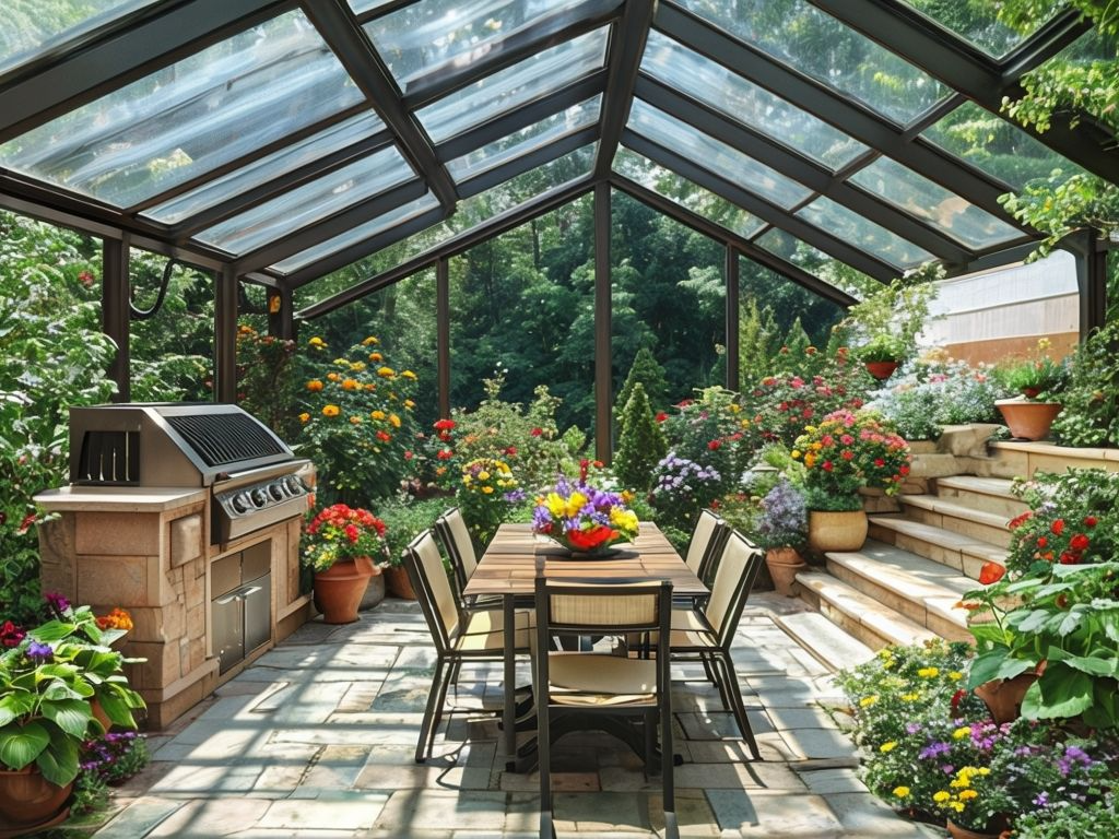 Elegant Outdoor Patio With Modern Glass Roof And Vibrant Plants