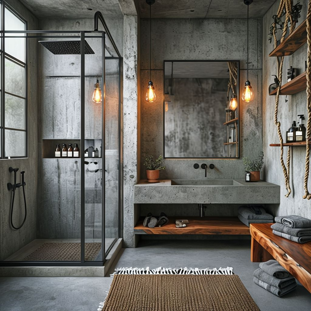 Industrial Bathroom Design Featuring Modern Fixtures And Natural Elements