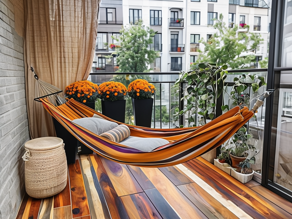Inviting Balcony With Double Hammock And Vibrant Flowers