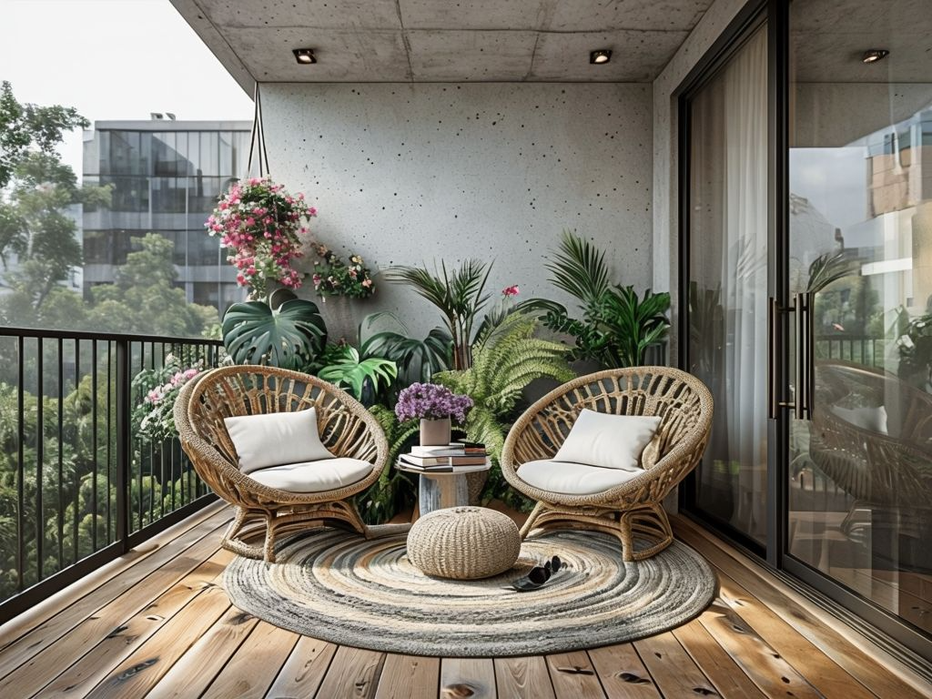 Inviting Modern Balcony With Woven Chairs And Lush Plants