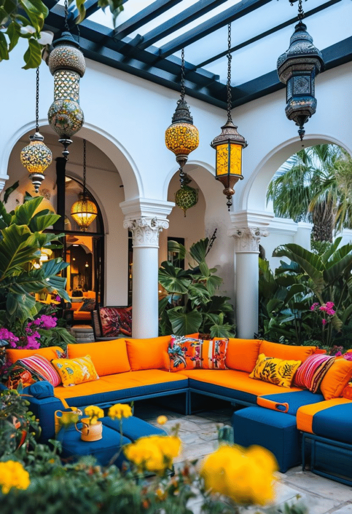 Luxurious Mediterranean-Inspired Patio With Colorful Furnishings