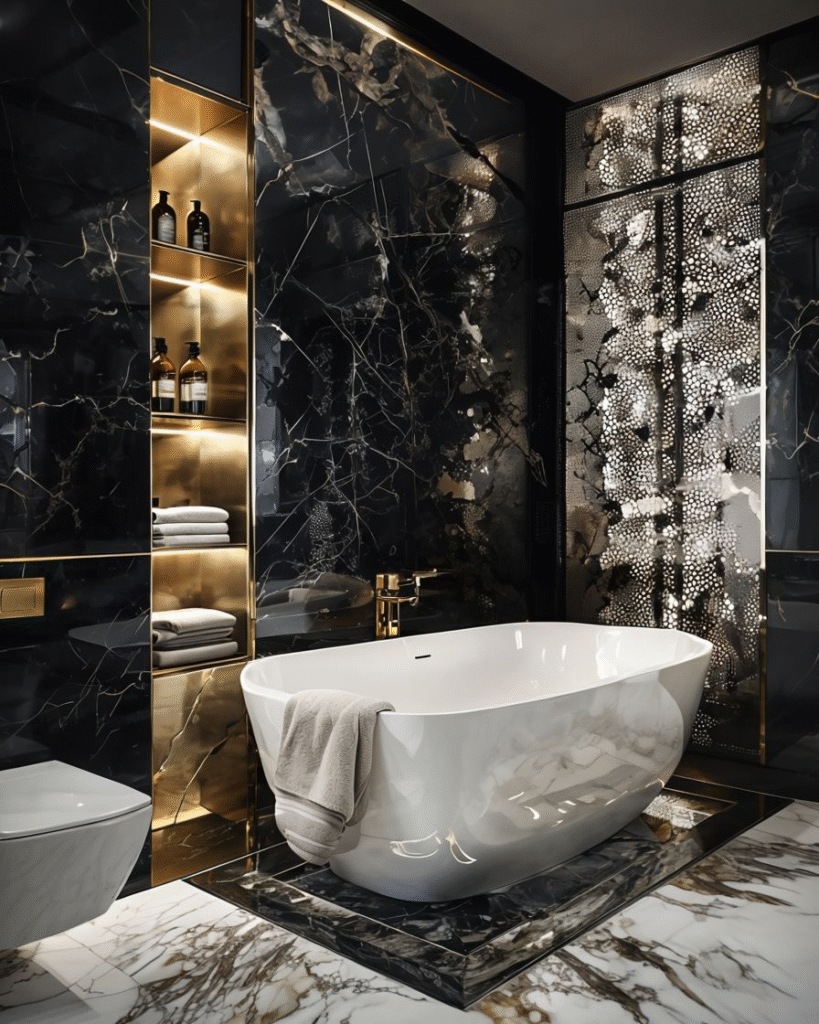 Luxurious Modern Bathroom With Freestanding Bathtub And Gold Accents