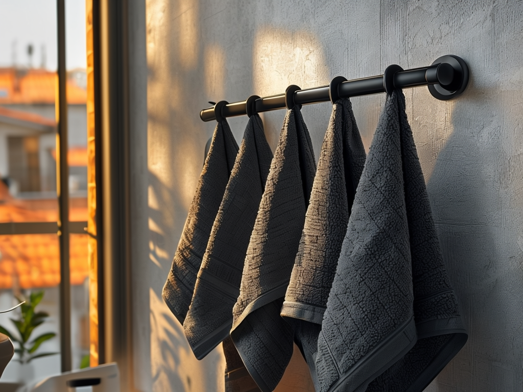 Minimalist Towels Hanging On Black Rack Against Gray Wall