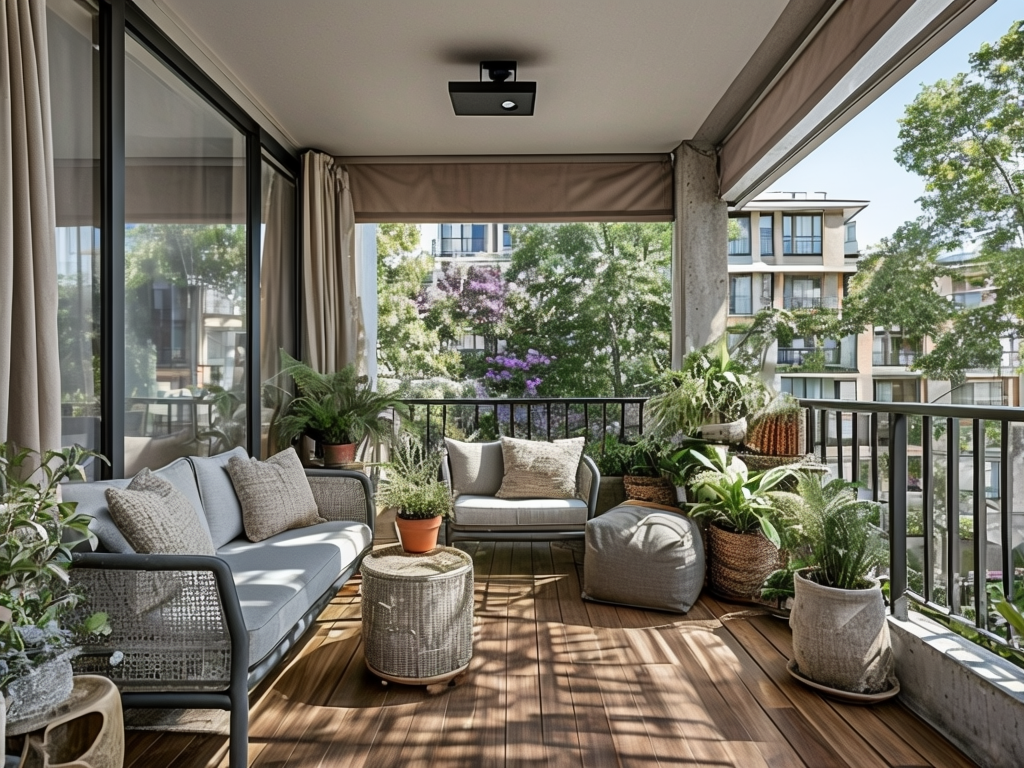 Modern Balcony Oasis With Comfortable Seating And Lush Greenery