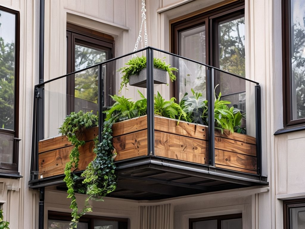 Modern Balcony With Glass Panels And Lush Green Plants