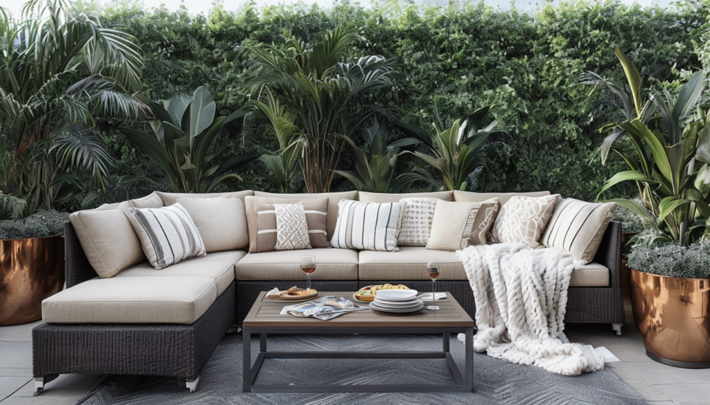 Modern Outdoor Patio With Cozy Sofa And Lush Plants (1)