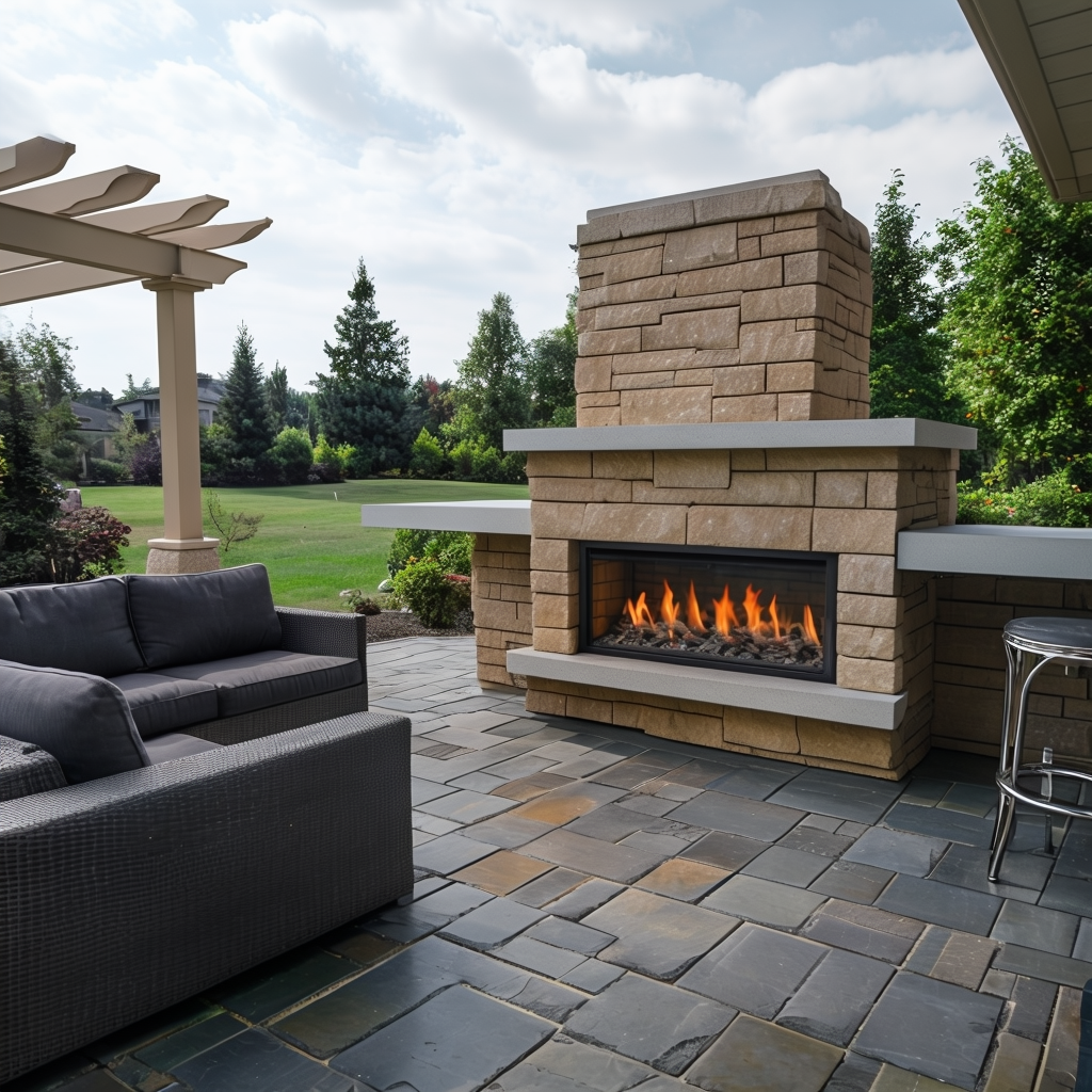Modern Outdoor Patio With Wicker Sofa And Fireplace
