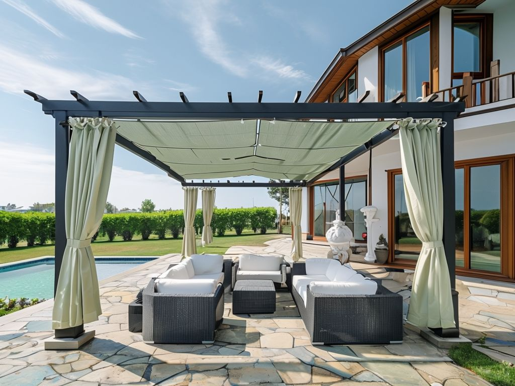 Modern Outdoor Seating Area with Pergola and Pool