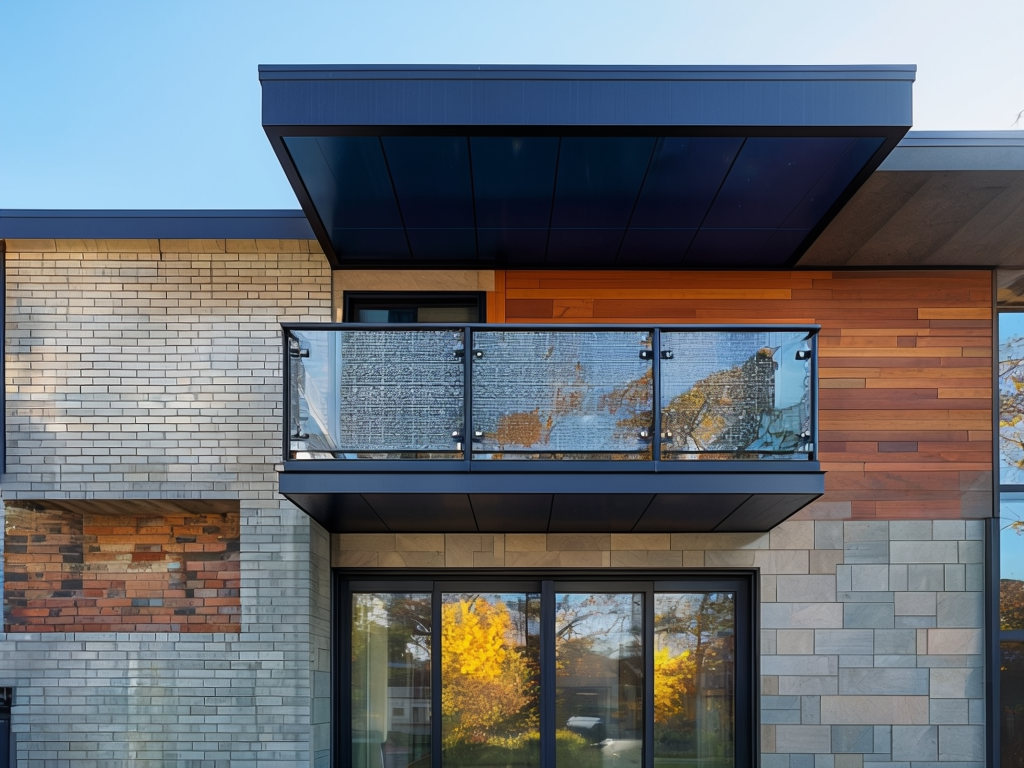 Modern Residential Building With Upper Balcony And Glass Railings