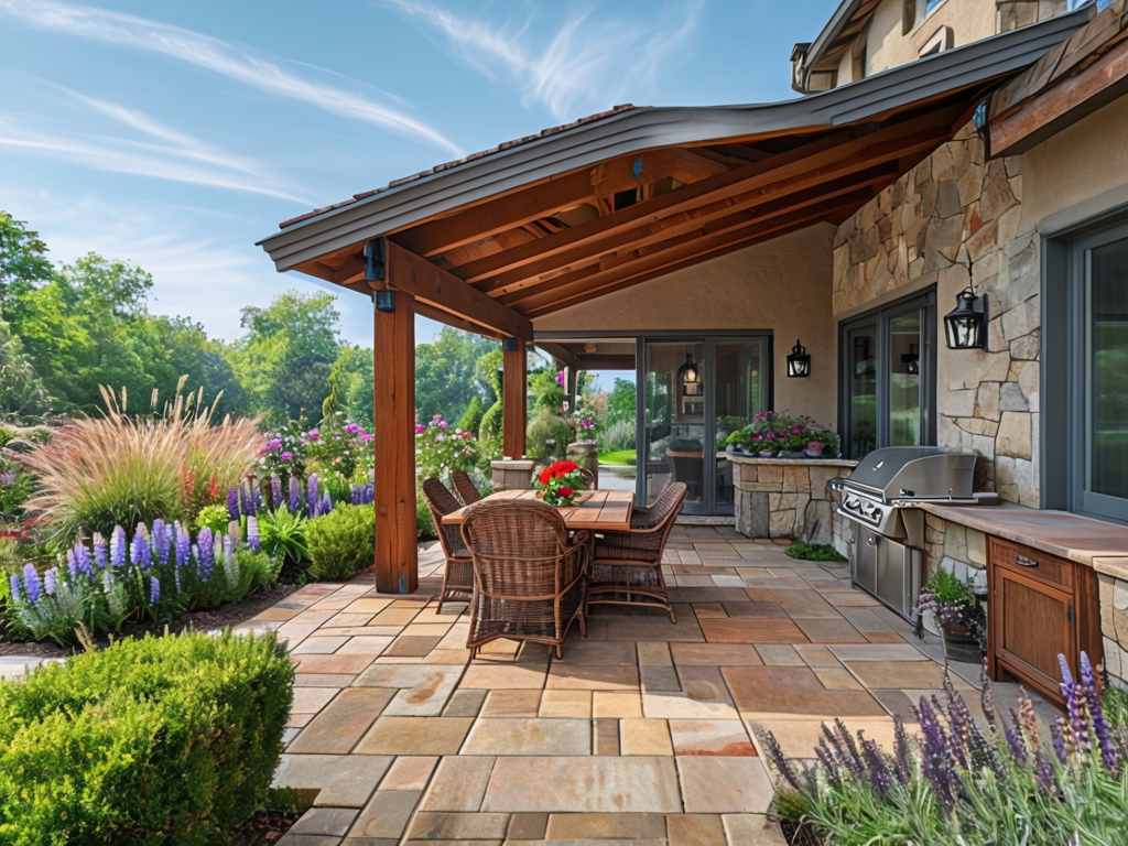 Rustic Outdoor Patio With Wooden Beams And Vibrant Garden