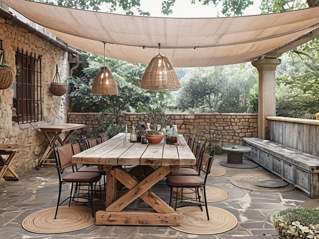 Rustic Outdoor Patio With Wooden Table And Woven Rugs