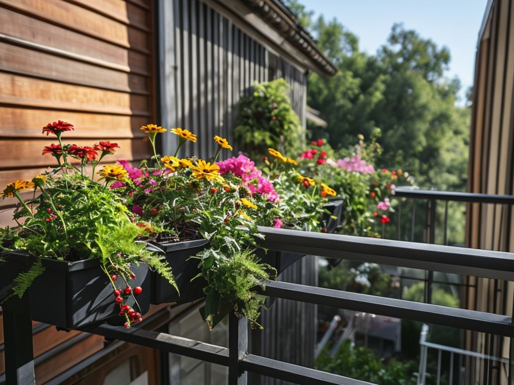 Serene Balcony Garden Scene With Lush Plants And Flowers