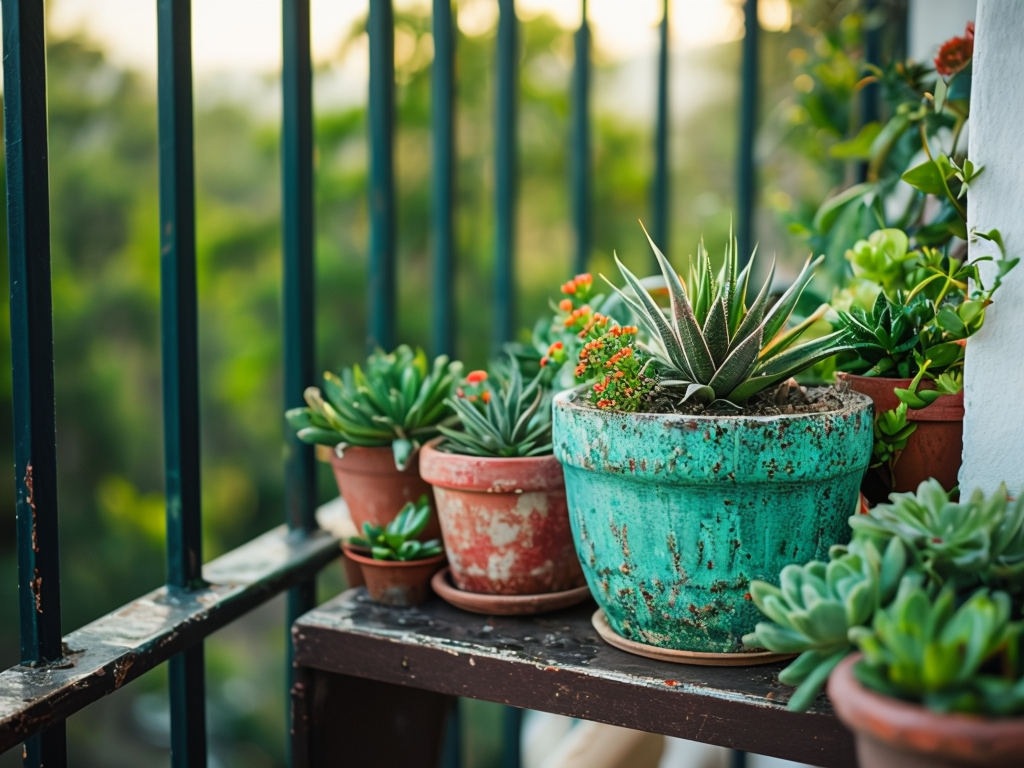 Serene Balcony With Succulent Plants In Colorful Pots