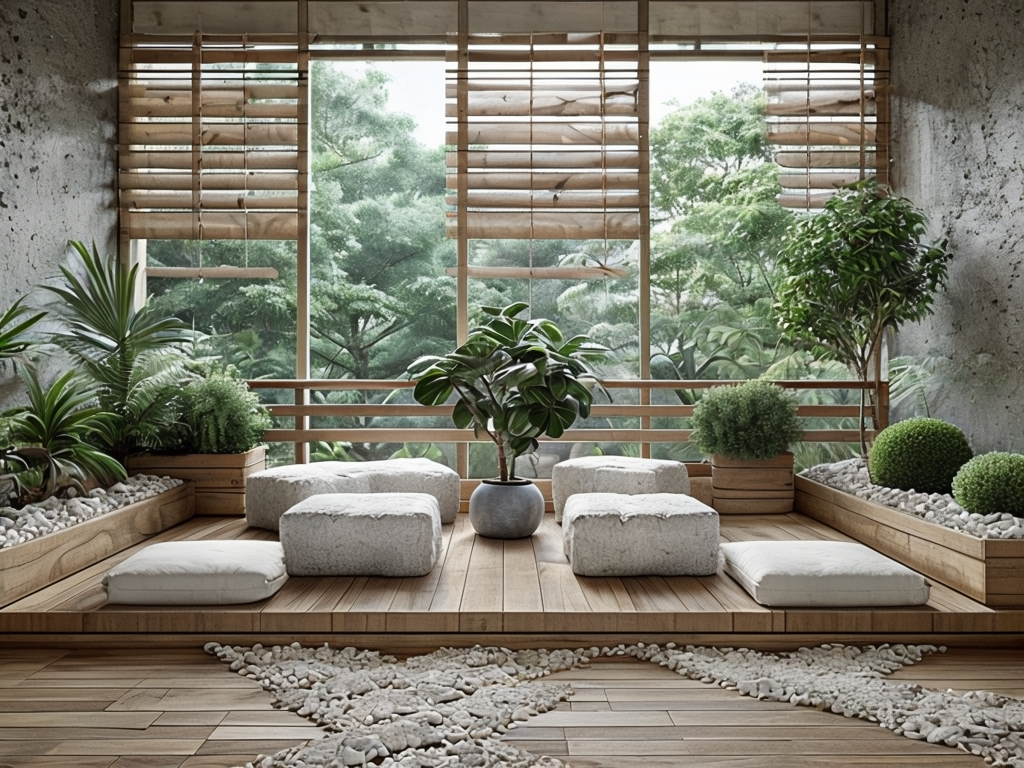 Serene Indoor Space With Natural Elements And Greenery