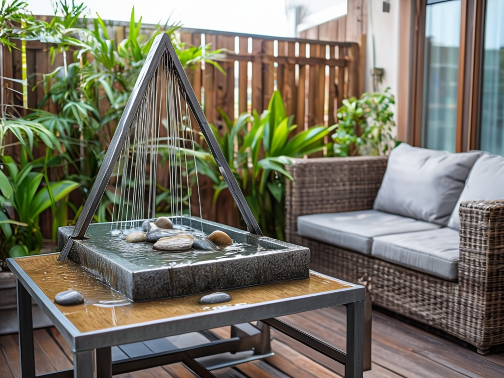 Serene Outdoor Space With Modern Triangular Water Fountain