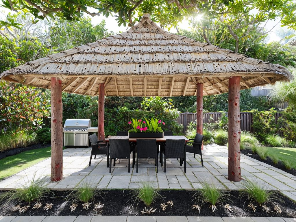 Tropical Outdoor Dining Area with Gazebo and Lush Vegetation